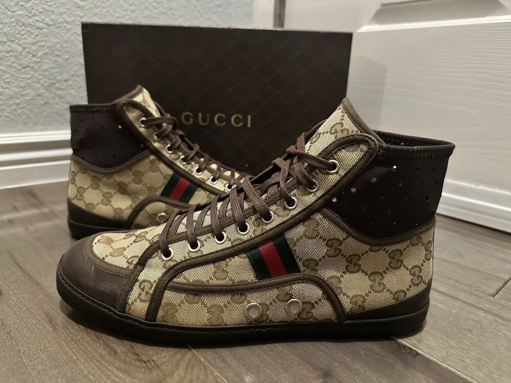 AUTH GUCCI CALIFORNIA BEIGE EBONY SNEAKERS GG MONOGRAM SZ 10.5 (fits USA 11.5)